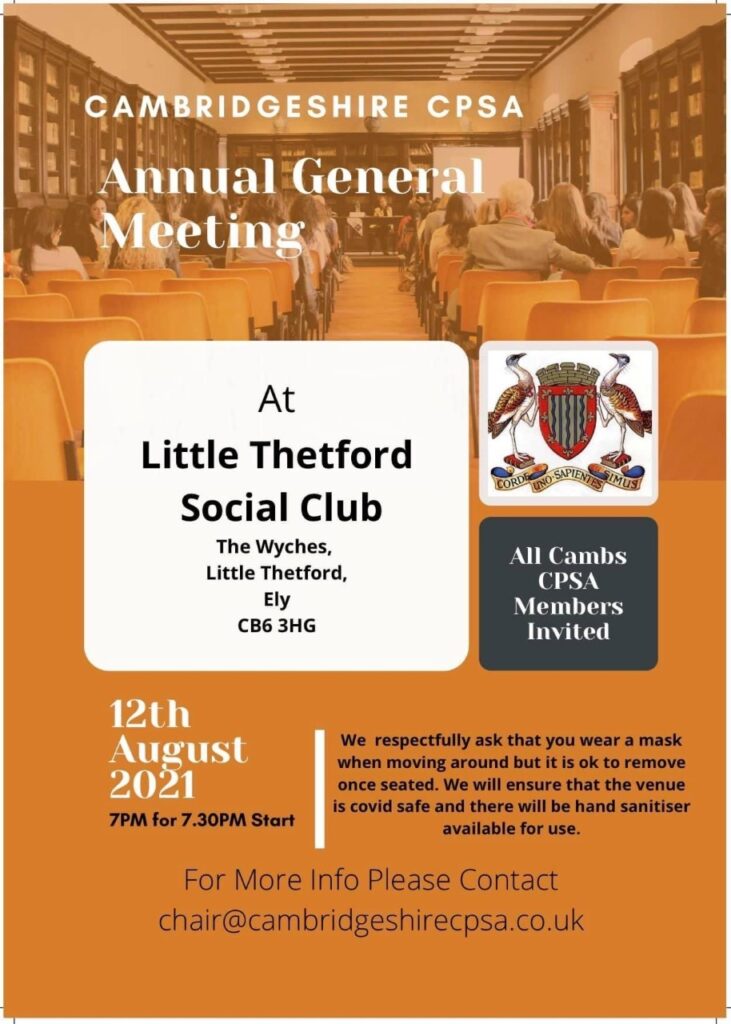 AGM 12th August 2021 at Little Thetford Social Club CB6 3HG. 7pm for 7.30pm start